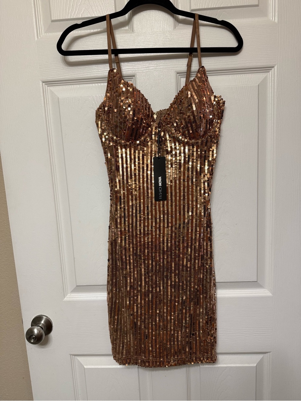 Fashion Nova Rose Gold Sequin Mini Dress with Spaghetti Straps